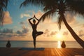 person practicing yoga on beach hotels sunrise deck Royalty Free Stock Photo