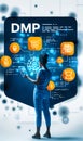 Person Presenting the Concept of DMP Data Management Platform Surrounded by Related Icons Representing Data Collection Analysis