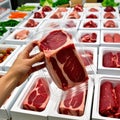 A person presenting a plastic container of meat, emphasizing the selection and quality of the products inside