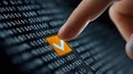 Person Presses a Glowing Compliance Symbol on Computer Code Background for Software Quality Testing Royalty Free Stock Photo