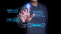 A person is pressing a finger scan to activate the AI system. AI systems can help humans to work faster and better.