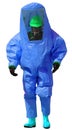 Person with protective blue overalls against the biohazard and w Royalty Free Stock Photo