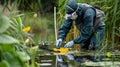 A person in protective gear is carefully collecting samples of algae from a pond using a longhandled net. Royalty Free Stock Photo
