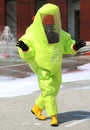 Person with a protective suit against chemical and bacteriologic