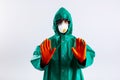 Person in protective suit asking you to stop stock photo Royalty Free Stock Photo