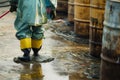 person with a protective suit cleaning an oil spill from barrels