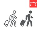 Person pulling luggage line and glyph icon, migration and tourist, passenger with rolling bag vector icon, vector