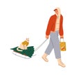 Person pulling sleds with Christmas fir tree and cute cat on sleigh. Character and kitty outdoors during winter holiday