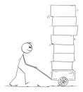 Person Pushing Cart with Boxes, Vector Cartoon Stick Figure Illustration