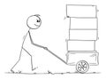 Person Pushing Cart with Boxes, Vector Cartoon Stick Figure Illustration