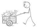 Person Pushing Full Handcart With Boxes or Purchase, Vector Cartoon Stick Figure Illustration