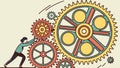 Person Pushing Large Interlocking Gears, Progress Concept, vector design Generative AI Royalty Free Stock Photo