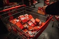 a person is pushing a shopping cart full of food. Generative AI