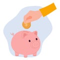 a person puts money in a piggy bank. Finance and banking, investments. Vector illustration