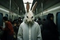 Person in rabbit mask on crowded subway train at night