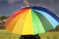 A person with rainbow colored umbrella in the rain