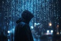 Person with raincoat standing under digital rain with binary code falling at night with city lights blurred in background Royalty Free Stock Photo