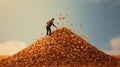 person raking leaves into a large pile for jumping