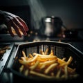 A person reaching for a basket of french fries. AI generative image.