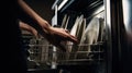 A person reaching into a dishwasher filled with dishes. AI generative image.