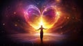 Person reaching out to a glowing heart made of light and energy. Spiritual love, soul, and energy work concepts. Generative AI