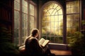 person, reading bible in calm and peaceful setting, with view of tranquil garden visible through window