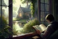 person, reading bible in calm and peaceful setting, with view of tranquil garden visible through window