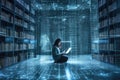 person, reading book in digital holographic library setting