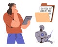 Person reading tablet, binary code in folder, and AI robot pointing at screen Royalty Free Stock Photo