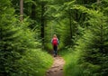 A person with a red backpack is hiking through a dense, green forest. The path is Royalty Free Stock Photo