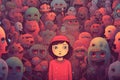 A person in red clothes among grey crowd. Standing out from crowd, individuality and difference concept. Feeling alone with people