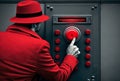 Person in a red coat and hat pushing a red button. Created with Generative AI, no one recognisable. Not a real person Royalty Free Stock Photo