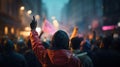 A person in a red hoodie is raising their hands, AI