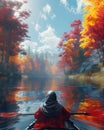 A person in a red jacket paddles a canoe on the river Royalty Free Stock Photo