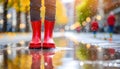 Person in Red Rain Boots Standing in the Rain. Generative AI Royalty Free Stock Photo