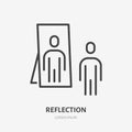 Person reflection in a mirror line icon, vector pictogram of confidence. Man looking at himself illustration, narcissism