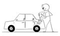 Person Refueling Out of Gas Car from Petrol Can, Vector Cartoon Stick Figure Illustration