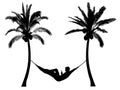 Person relax. Lies in hammock surrounded by palm trees. Vector silhouette. Isolated on a white background