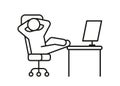 Person relax on work chair on computer, line icon. Man rest on workplace, calm on chair. Lazy tired person, break time