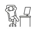 Person relax on work chair on computer, line icon. Man rest on workplace, calm on chair. Lazy tired person, break time