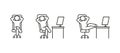 Person relax on work chair on computer, line icon set. Man rest on workplace, calm on chair. Lazy tired person, break
