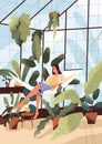 Person relaxing in home greenhouse among potted plants. Happy woman on hammock in green house at leisure. Female resting