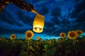 person releasing glowing lantern into sky within sunflower field at night Royalty Free Stock Photo