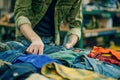 A person repairing or upcycling old clothing items