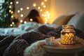 Cozy bedroom setting with a person resting and medicines nearby in a softly lit atmosphere. Generative AI Royalty Free Stock Photo