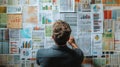 A person reviewing multiple charts and graphs on a wall Royalty Free Stock Photo