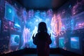 person, reviving memories from childhood, with digital holographic background of their old room