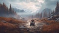 A person, riding atv through the forest, with view of majestic mountain