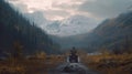 A person, riding atv through the forest, with view of majestic mountain