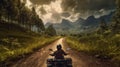 A person, riding atv through the forest, with view of majestic mountain range in the background into storm